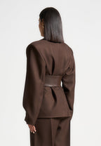 Marie - Twist Sleeve Tailored Blazer with Belt - Brown