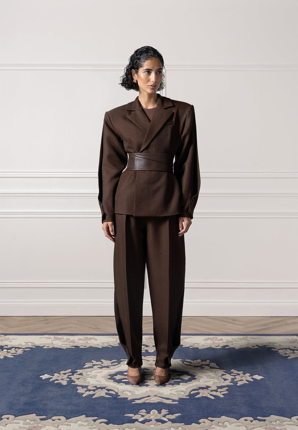 Marie - Twist Sleeve Tailored Blazer with Belt - Brown