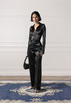 Louise - Wide Shoulder Satin Shirt Bodysuit - Black