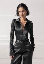 Louise - Wide Shoulder Satin Shirt Bodysuit - Black